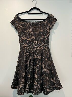 B Darlin Black Lace One-Shoulder Fit-and-Flare Dress with Nude Underlay